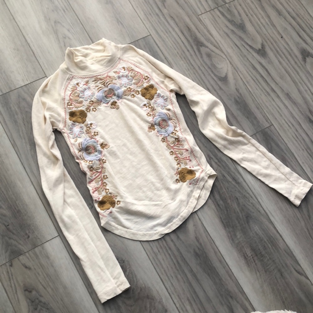 Free People Cream Colored Embroidered Long Sleeve